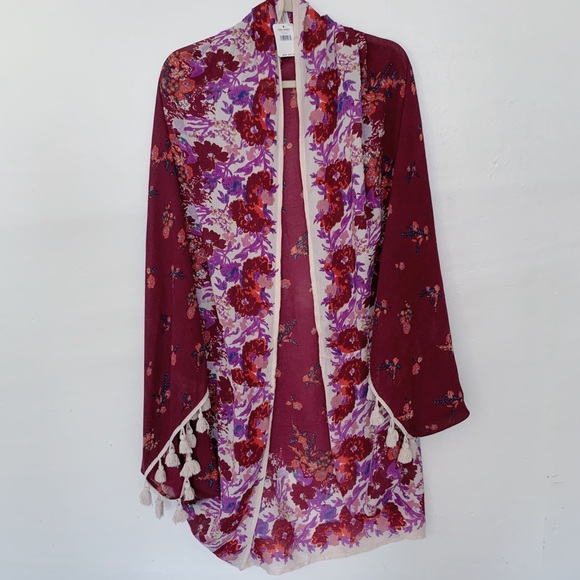 Free People Tops - Free People Berry Floral Tassel Kimono